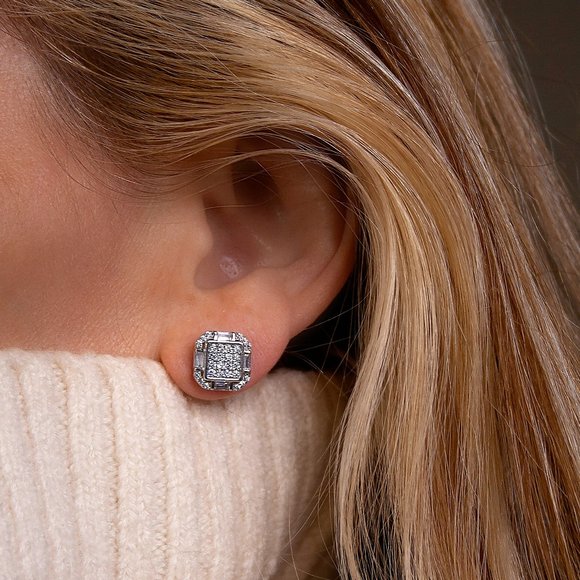 Gold CZ Stud Earrings, 14k Gold 10mm Icy Bling Square CZ Studs - Picture 1 of 9